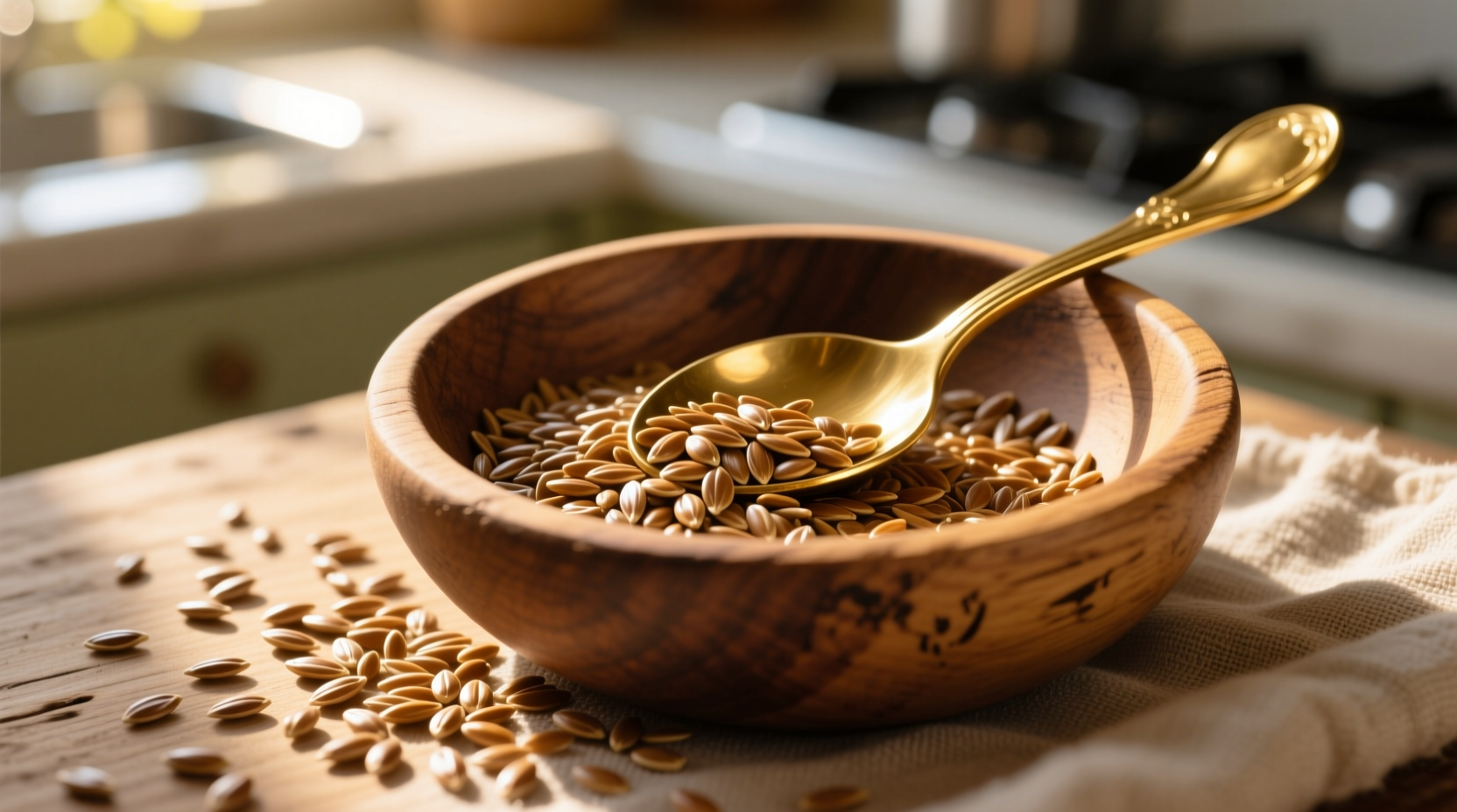 Golden flax seeds in wooden bowl with spoon