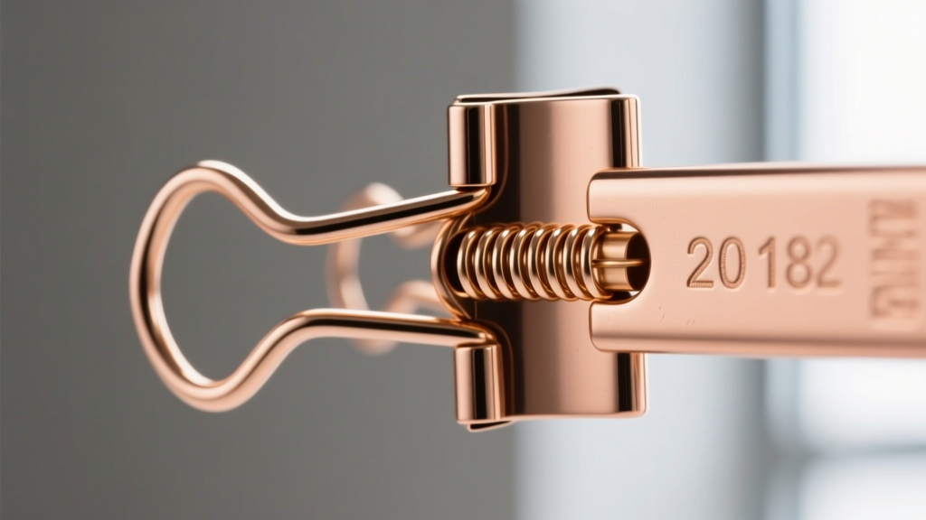 Detailed view of a T-bar clasp sliding through a 20mm paper clip link, showcasing the tension spring mechanism in 18k rose gold.