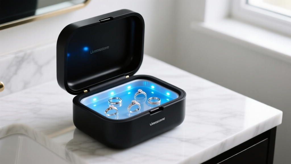 Sleek matte-black ultrasonic jewelry cleaner on marble vanity, lid open revealing glowing blue LED tank and silver rings.