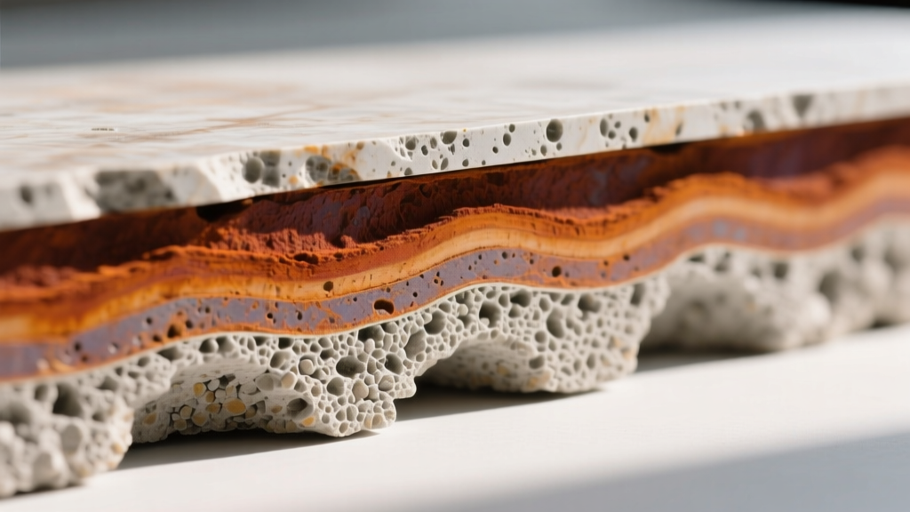 Close-up cross-section of manufactured faux veneer stone showing lightweight concrete aggregate core and iron oxide pigment surface layer
