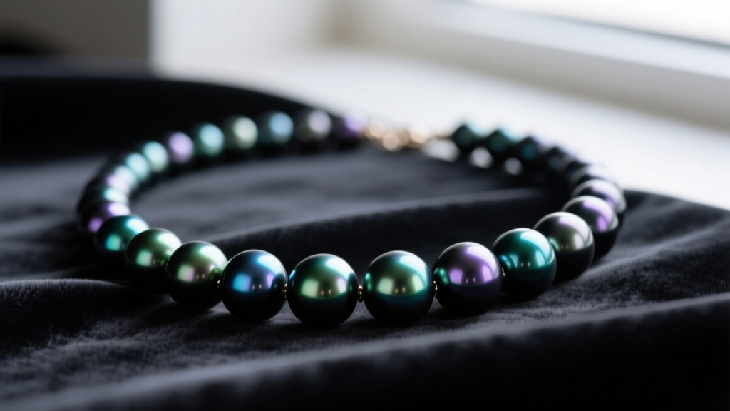 Close-up of a real black pearl necklace featuring dark Tahitian pearls with vivid peacock overtones resting on dark velvet fabric