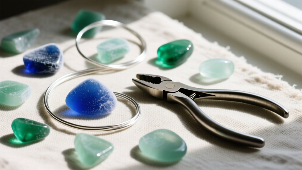 Flat lay of frosted cobalt and green sea glass pieces with 20-gauge Argentium silver wire and round nose pliers on raw linen.