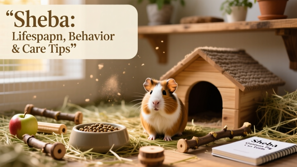 A well-set-up Sheba guinea pig habitat featuring timothy hay, ceramic food bowl, hideout, and chew toys