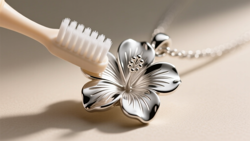 A small soft-bristled baby toothbrush gently scrubbing the intricate petal grooves of a sterling silver hibiscus flower pendant.