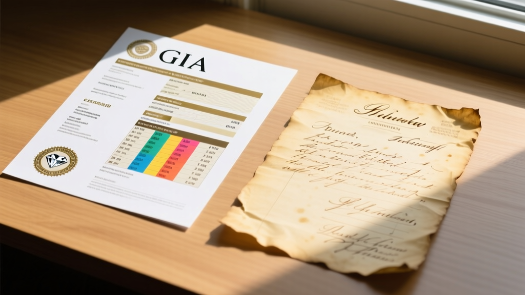 Side-by-side comparison of a modern GIA diamond grading report and a vintage 19th-century handwritten jewelry appraisal receipt.