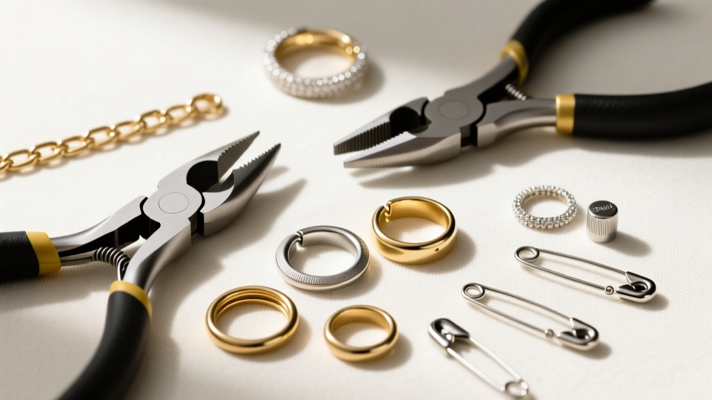 Flat lay of jewelry tools including chain nose pliers, flush cutters, and various gauge jump rings next to disassembled safety pins