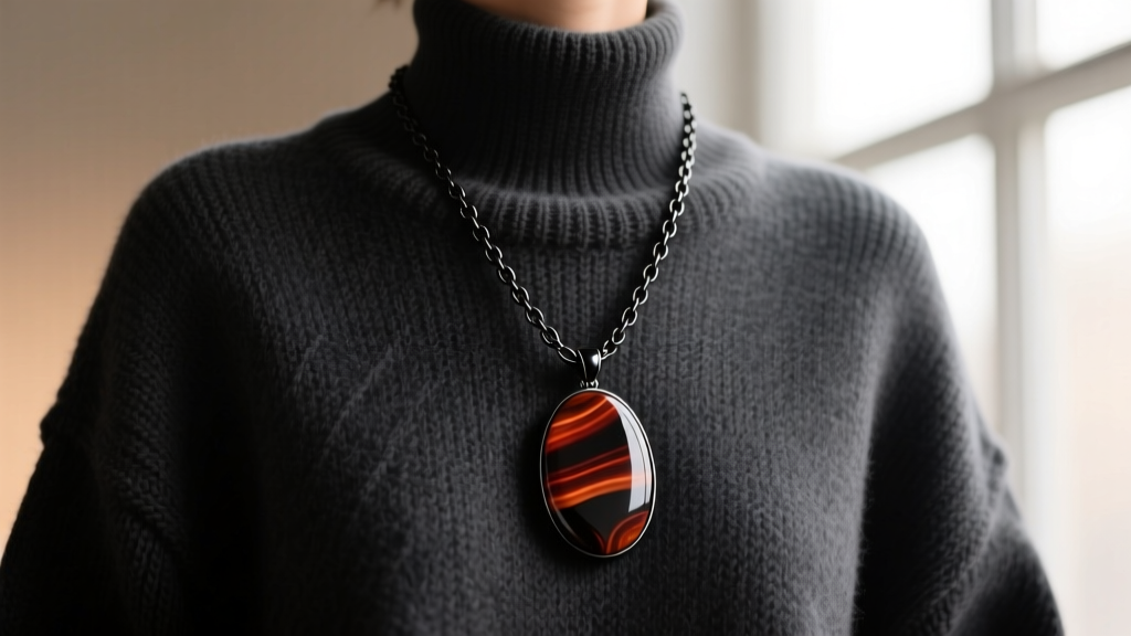 Mahogany obsidian pendant necklace worn over a dark sweater, highlighting reddish-brown bands and matte black chain hardware