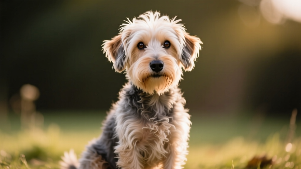 A Dandie Dinmont Terrier sitting upright with its fluffy, bouffant head and expressive eyes