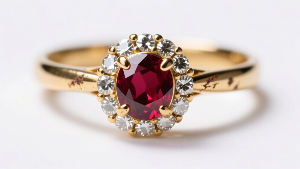 Close-up of a gold ring with a ruby and diamonds, focusing on worn prongs and minor surface scratches under bright studio lighting