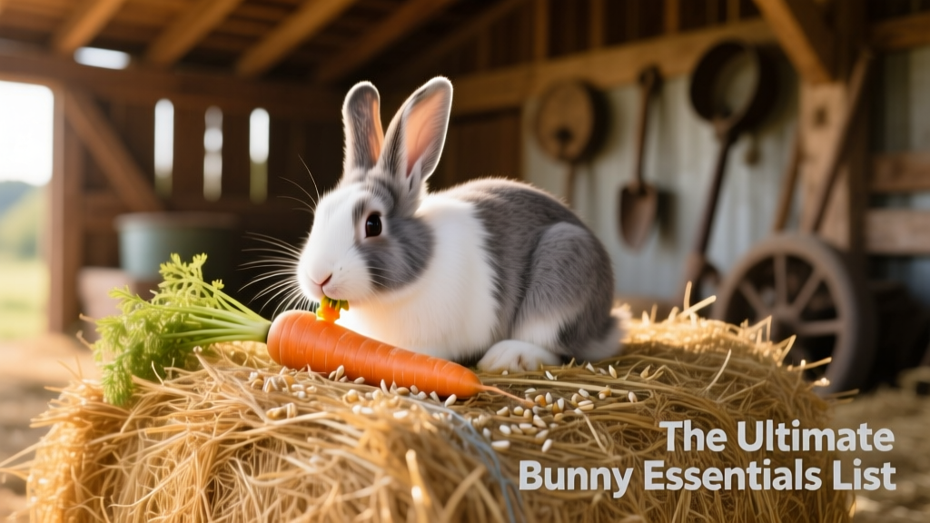 A gray-and-white rabbit nibbling a fresh carrot while resting on a large bale of golden Timothy hay