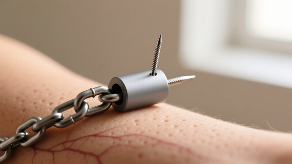 Detailed view of 14-gauge niobium chain connector on a piercing, showing the seamless matte gray finish against warm skin.
