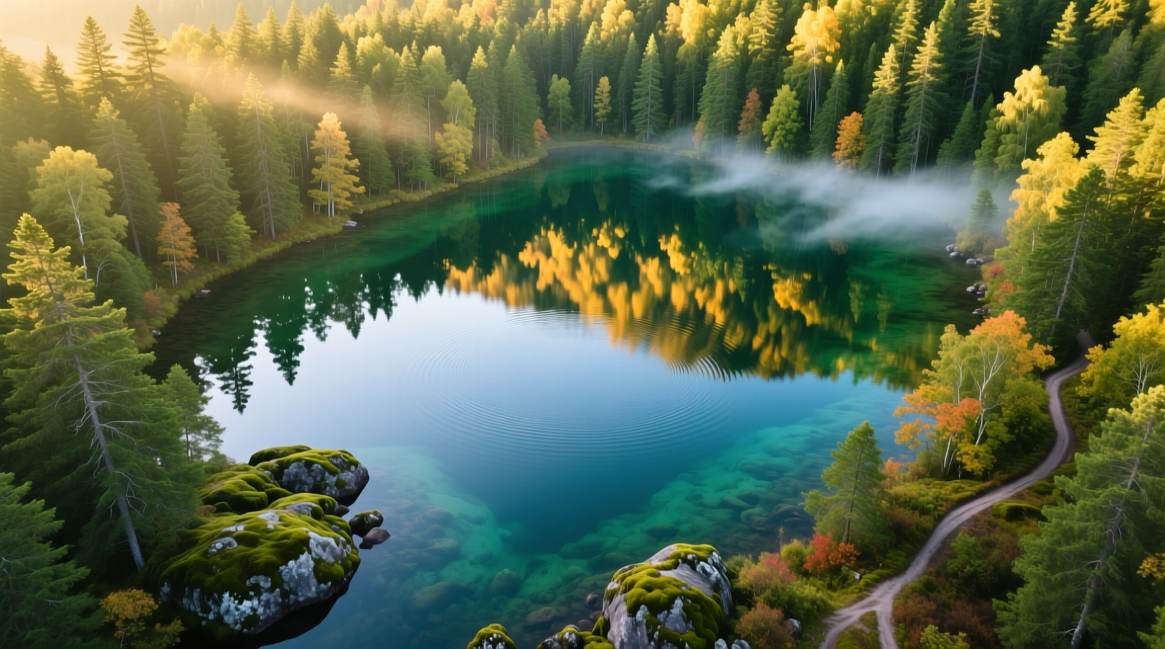 Aerial view of Potato Lake showing clear waters and surrounding forest