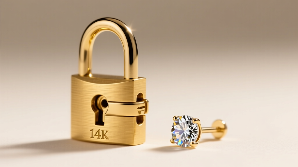 Macro shot of a 14k gold padlock earring back on a diamond stud, showing the tiny mechanical clasp hinge under soft studio light.