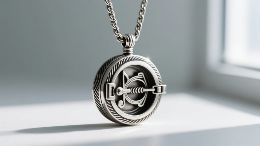Side profile of a sterling silver music box locket necklace with a rope chain, showcasing the clasp mechanics and oxidized grooves
