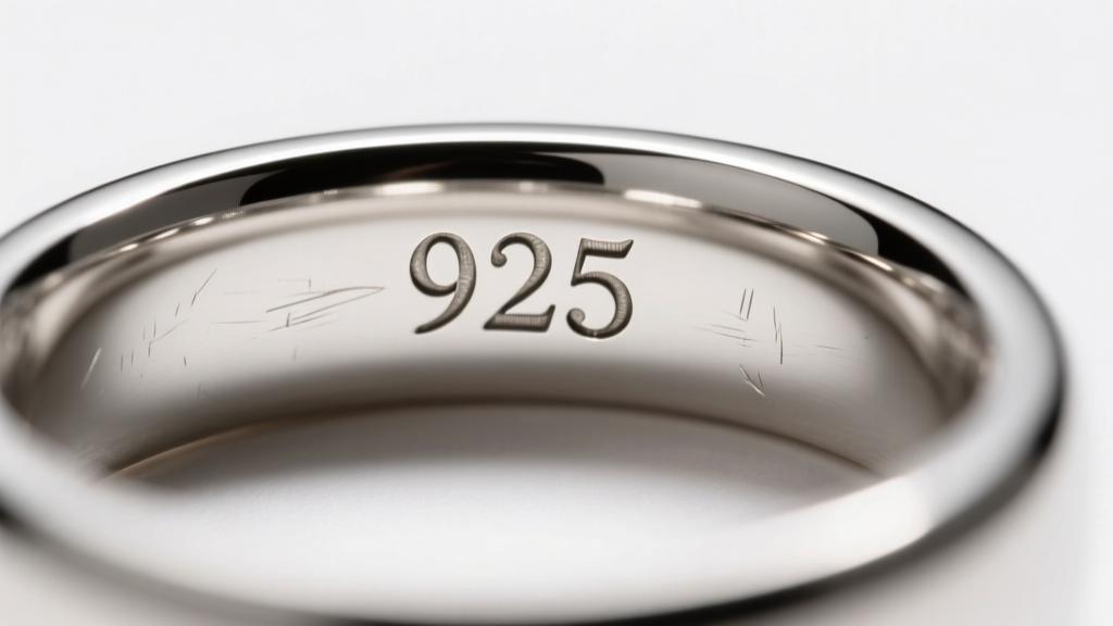 Macro shot of a stamped 925 hallmark inside a sterling silver ring band, illuminated by soft, warm directional studio lighting.