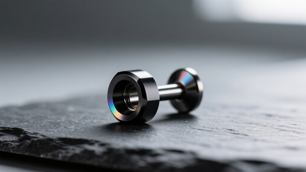 Macro shot of an ASTM F-136 implant-grade titanium labret stud with matte black PVD coating resting on dark slate.