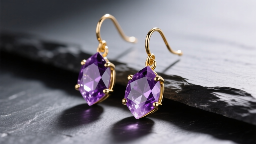 Close-up of raw amethyst stone chip earrings dangling from 18k gold ear wires, resting on a dark slate surface in natural light