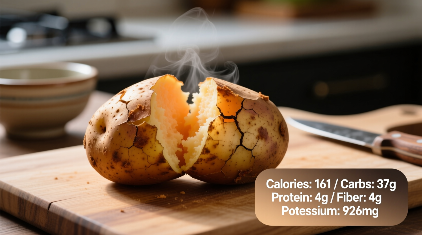 Baked russet potato with skin showing nutritional breakdown