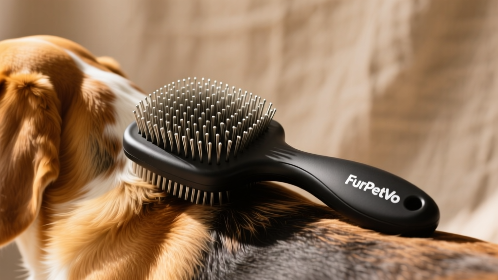 Close-up of a FurPetVo Safari brush gliding over a Beagle’s back, highlighting its bristle layout and ergonomic handle
