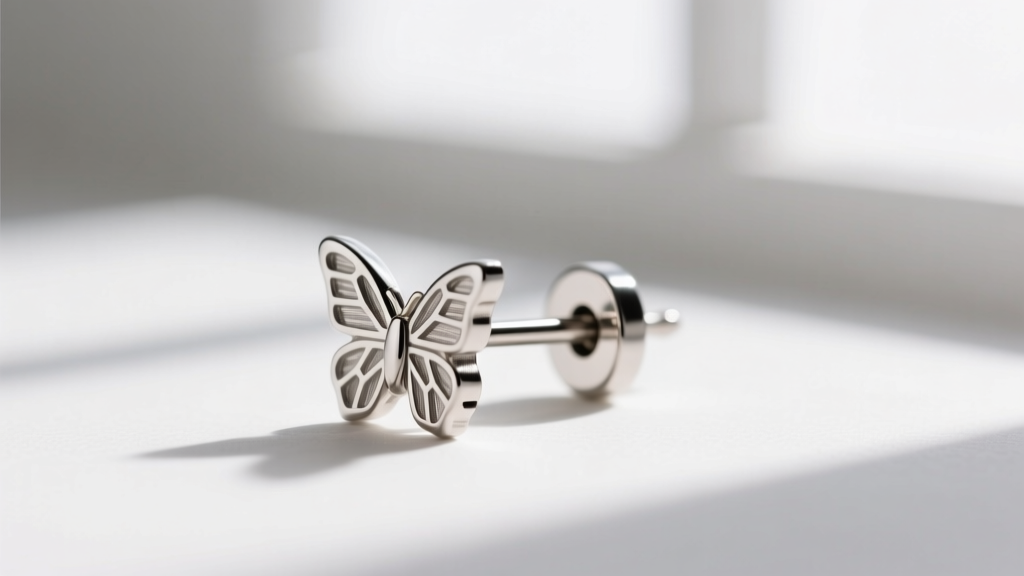 Macro shot of a 20-gauge titanium earring post with a butterfly clutch, highlighting the precise friction groove on the metal.