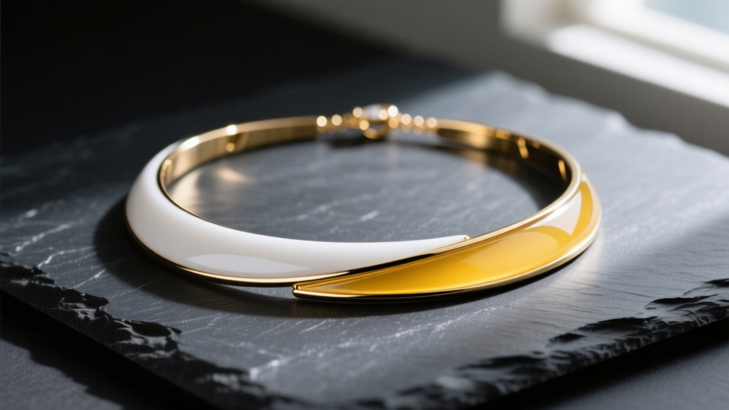 Two-tone white and yellow gold necklace on dark slate, showing contrasting metallic hues under soft directional lighting.