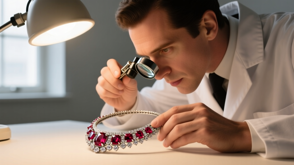Jeweler using a 10x loupe to inspect worn prongs of an Art Deco calibré-cut ruby and diamond cluster necklace under a bright lamp