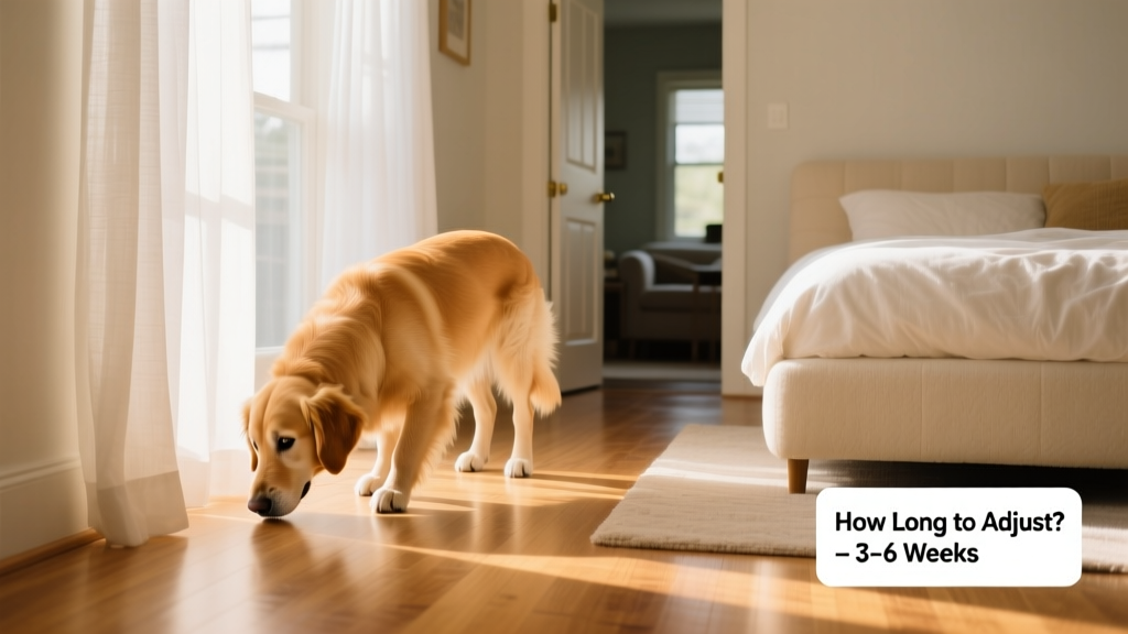 A calm, curious dog sniffing around a sunlit living room with a soft bed nearby