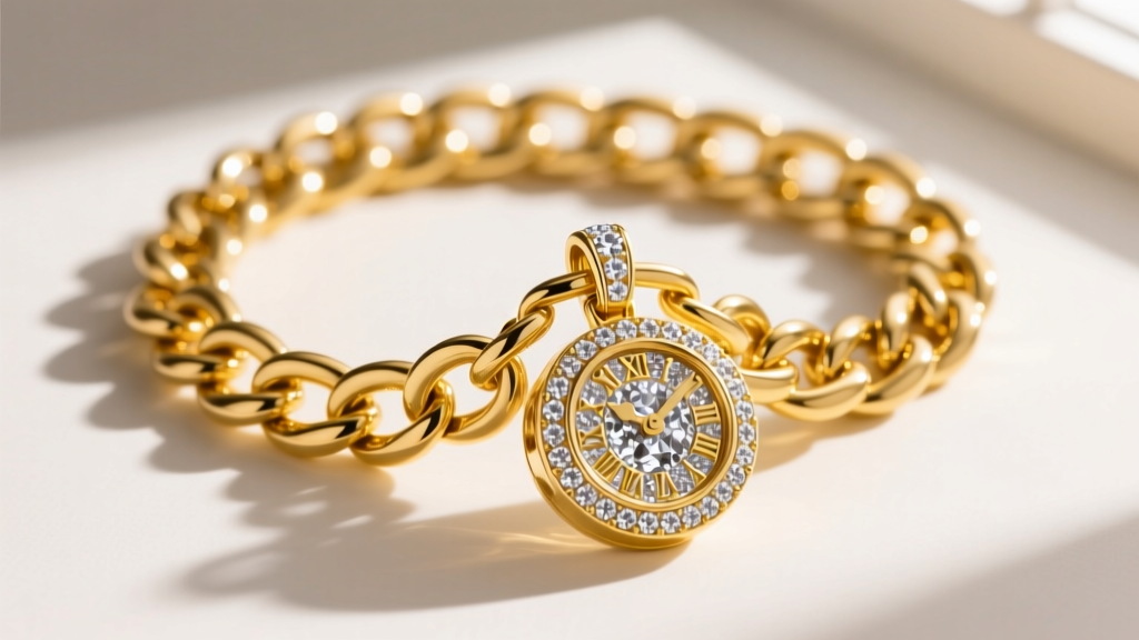 Thick 12mm yellow gold Cuban link chain threaded through the bail of an iced hip-hop clock pendant, sharp focus macro photo.