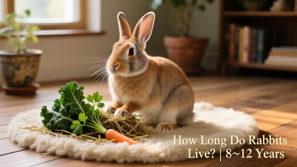 A calm, healthy adult rabbit sitting on a soft rug beside fresh hay and leafy greens