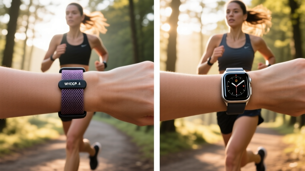 Side-by-side comparison of the WHOOP 4.0 fabric strap and a traditional GPS smartwatch on a runner wrist