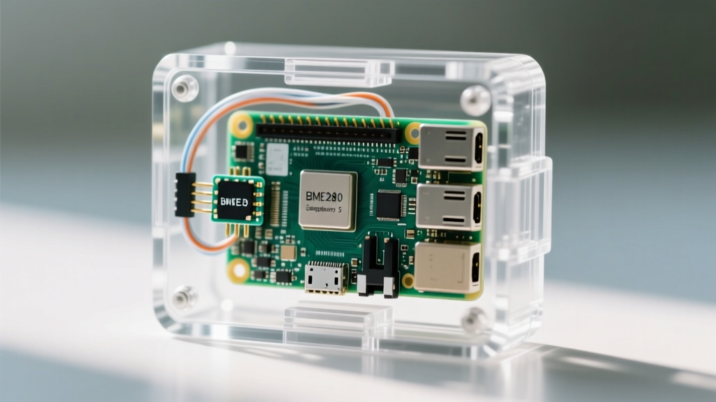 Close-up of a Raspberry Pi 5 mounted inside a transparent acrylic weatherproof enclosure with BME280 sensors wired to the GPIO header