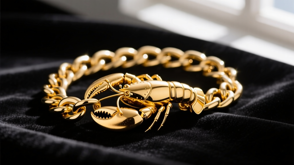 Macro shot of a polished 18k yellow gold lobster claw clasp attached to a thick Cuban link chain, resting on dark velvet.