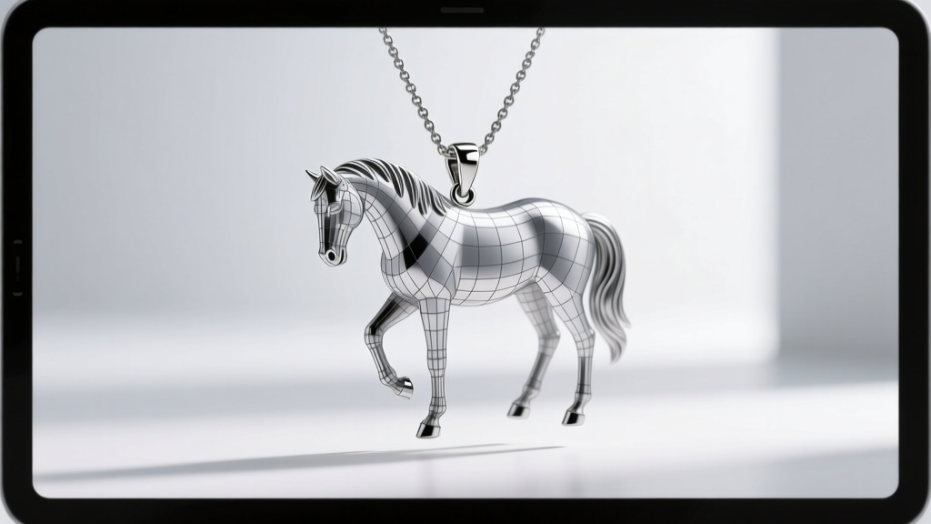 Digital screen showing a 3D CAD wireframe rendering of a grazing horse pendant with measurement lines and metallic shading