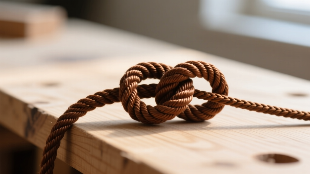 Close-up of a brown waxed cotton sliding knot on a 1.5mm adjustable cord resting on a wooden workbench under warm light.