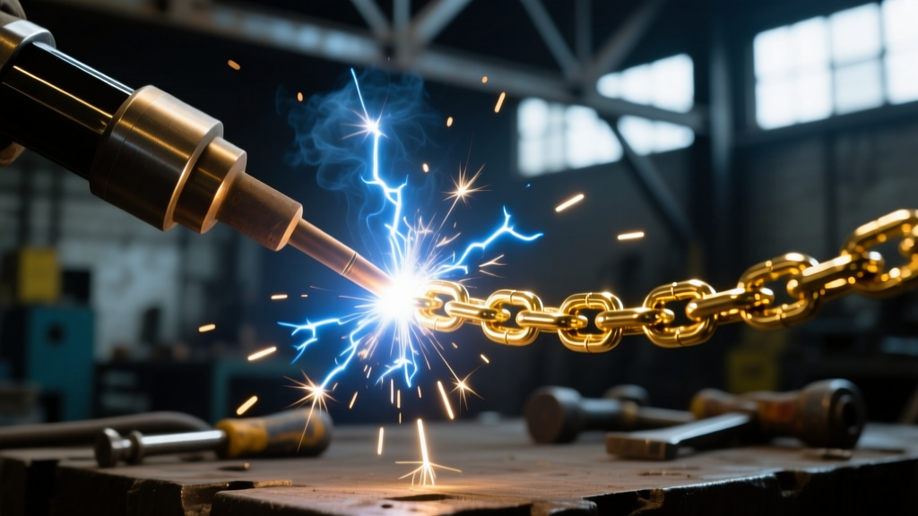 Pulse arc welder fusing a delicate gold-filled chain link, emitting a bright spark against a blurred dark workshop background