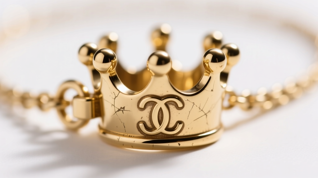 Macro shot of a Juicy Couture crown pendant clasp showing the stamped JC logo and slight patina on gold-plated brass.