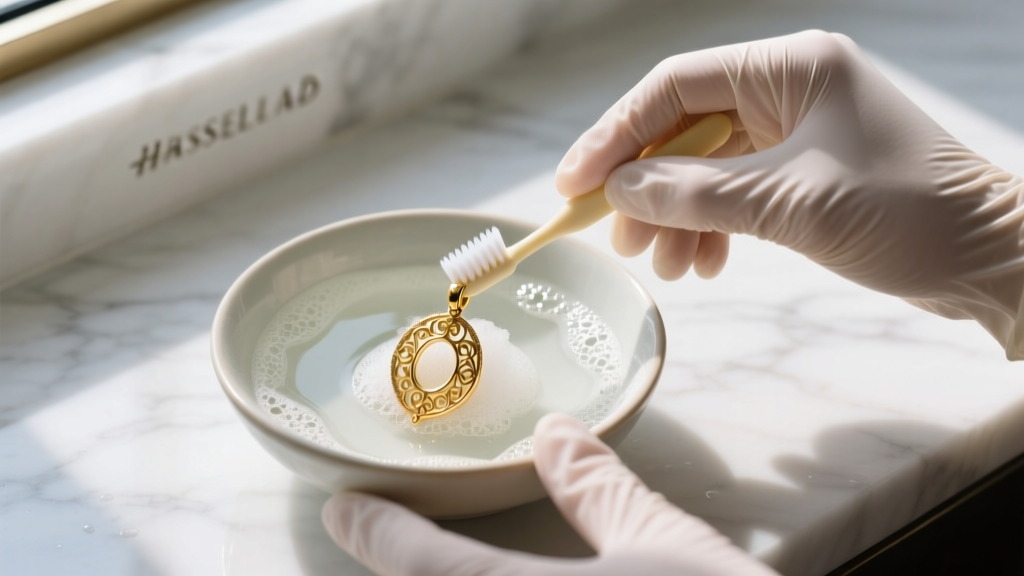 Hands in nitrile gloves gently scrubbing a gold-plated pendant with a soft baby toothbrush over a bowl of soapy lukewarm water.