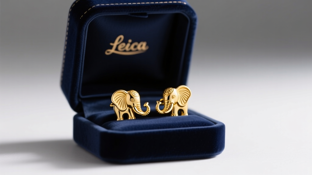 Navy box holding 14k yellow gold elephant stud earrings, soft studio lighting highlighting the intricate trunk and ear details.
