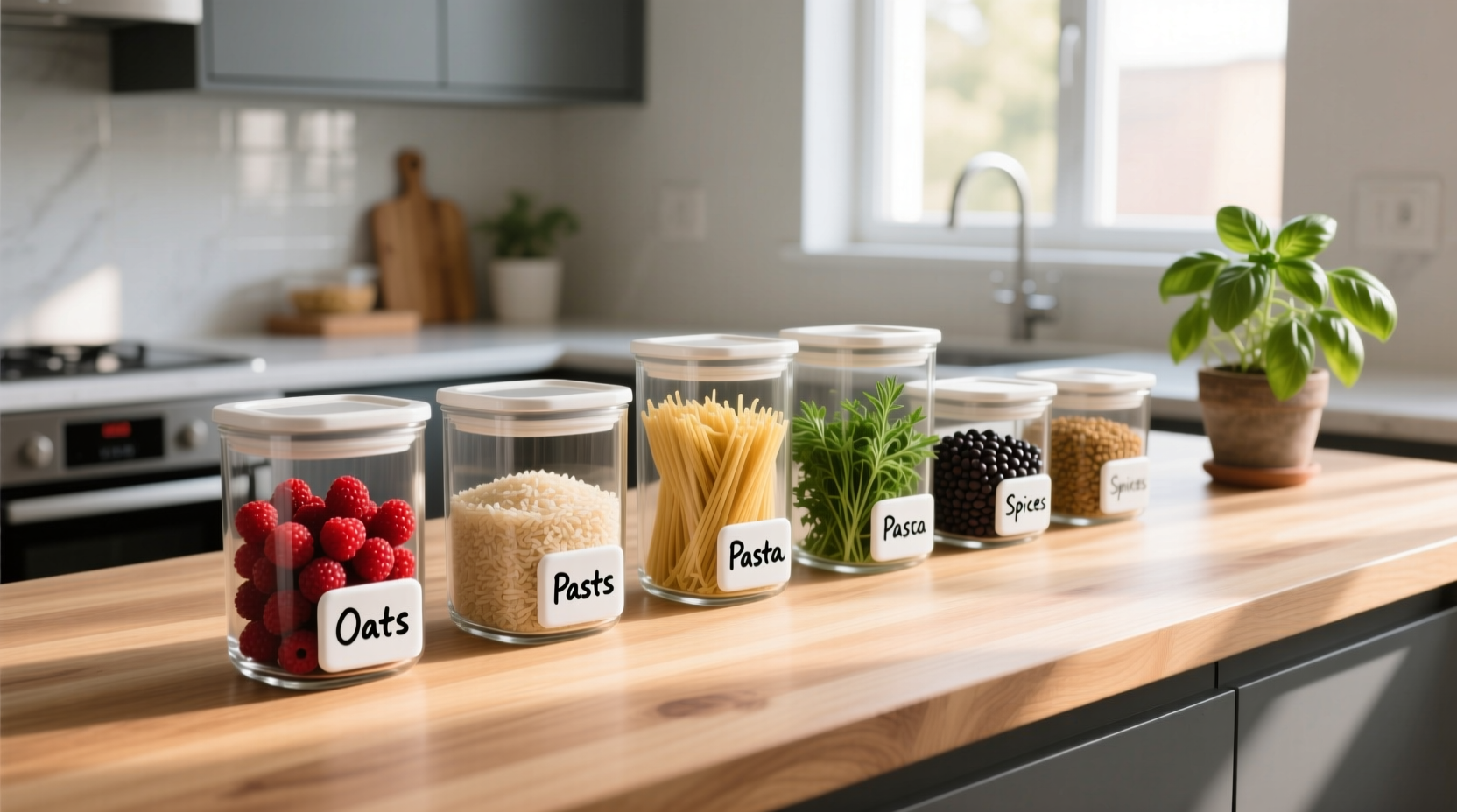 Kitchen counter with glass containers replacing plastic food storage