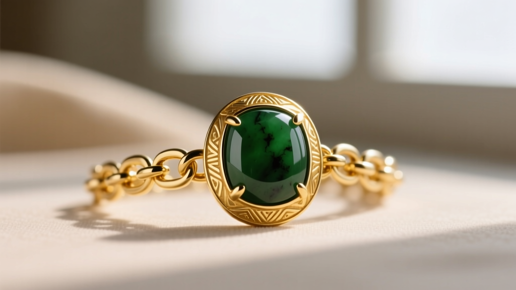 Macro shot of an interlocking 14k gold chain link and dark green nephrite jade, showing the protective gold bezel setting.