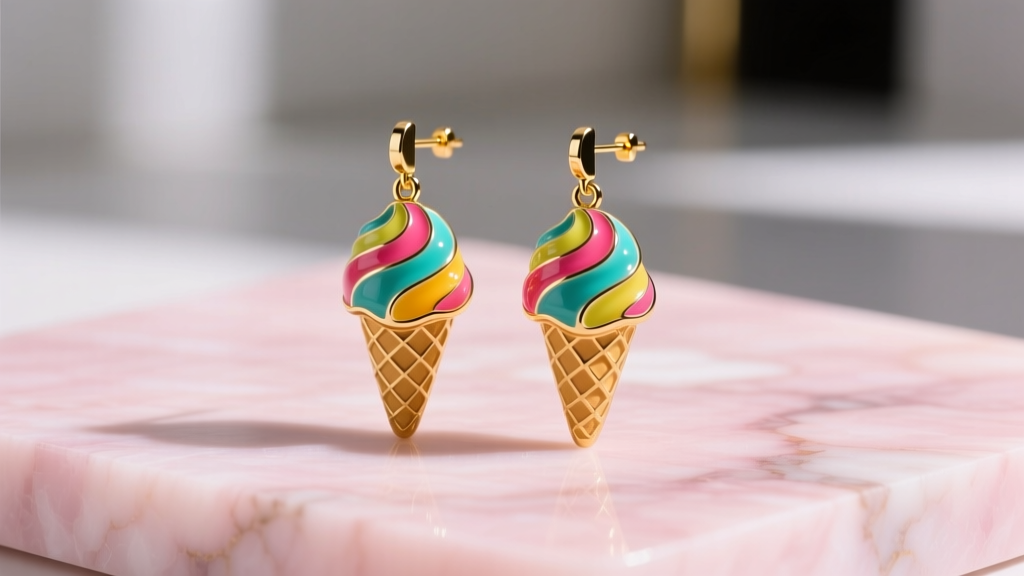 Vibrant hard-enamel ice cream cone drop earrings with gold PVD posts resting on pastel pink marble in bright sunlight