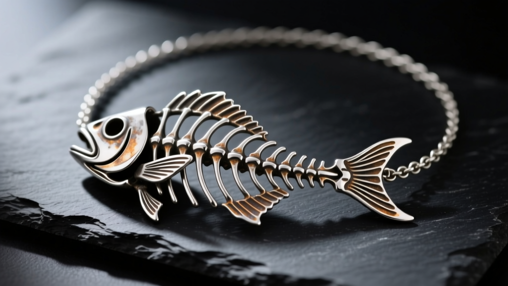 Close-up of an oxidized sterling silver fish skeleton necklace on dark slate, highlighting intricate bone details and texture