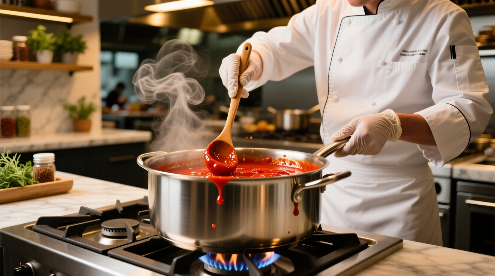 Chef stirring tomato concentrate in stainless steel pot