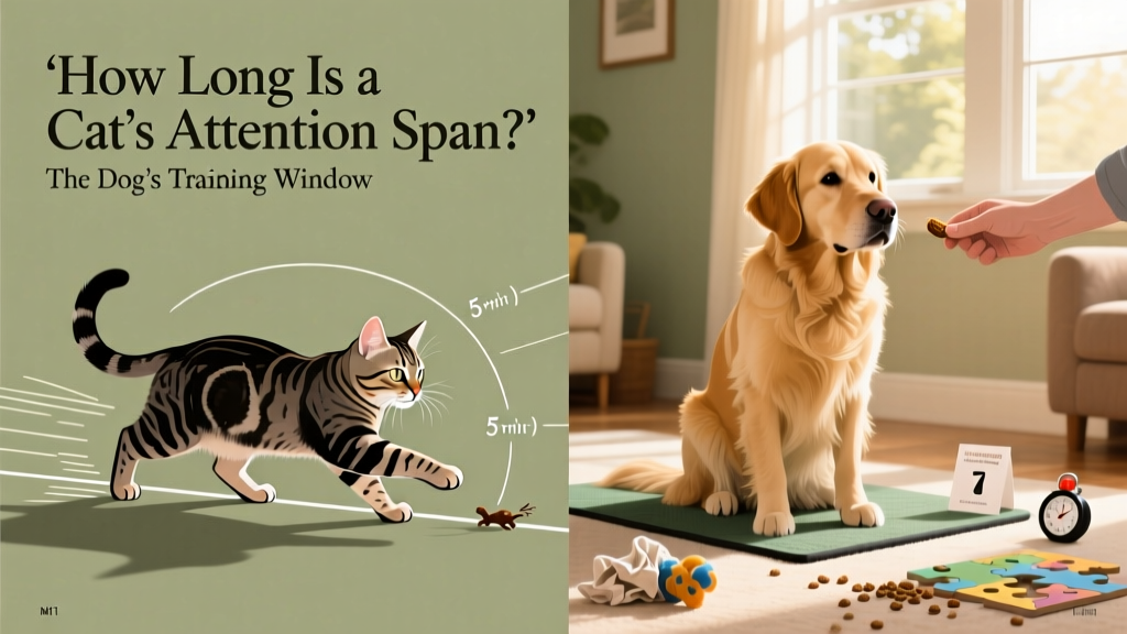 Side-by-side illustration showing a cat’s 5-minute hunt cycle versus a dog’s longer training window