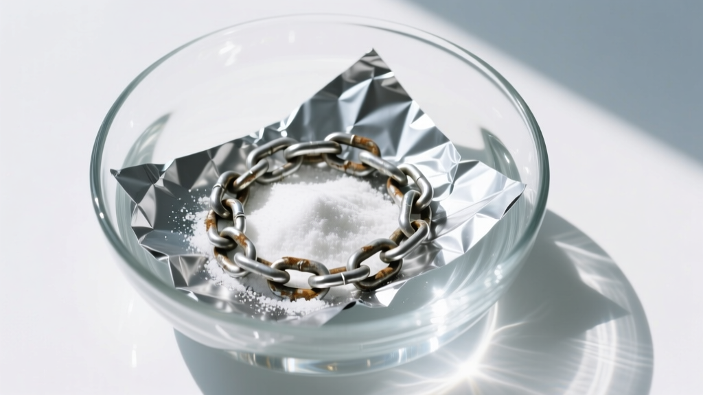 Top-down view of a tarnished silver chain in a glass bowl with baking soda and aluminum foil, surrounded by bright clean water