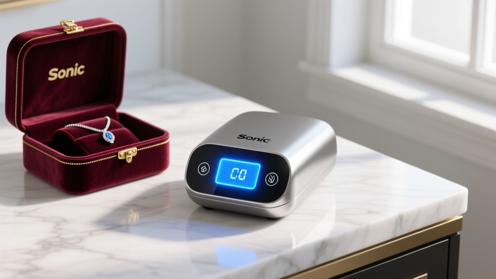 Sonic jewelry cleaner on a marble counter beside a velvet box, soft light illuminating the digital LED display.