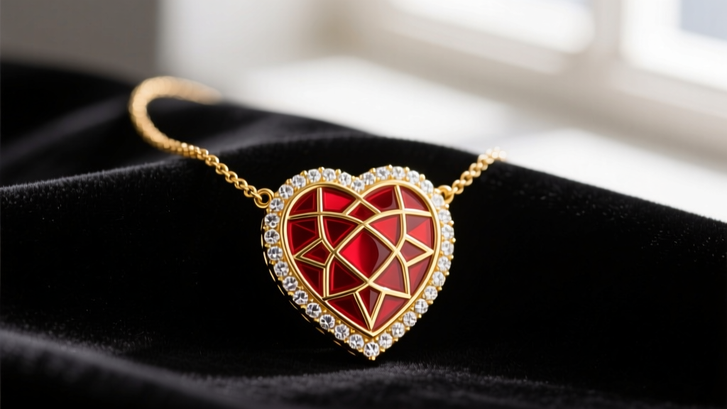Close-up of a 14k yellow gold sacred heart necklace with red guilloche enamel and diamond halo, resting on dark velvet fabric.