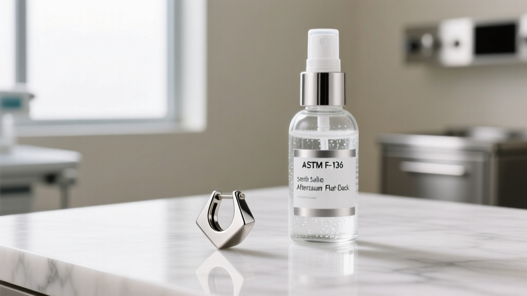 Polished ASTM F-136 implant-grade titanium flat-back earring resting beside a glass bottle of sterile saline aftercare spray.