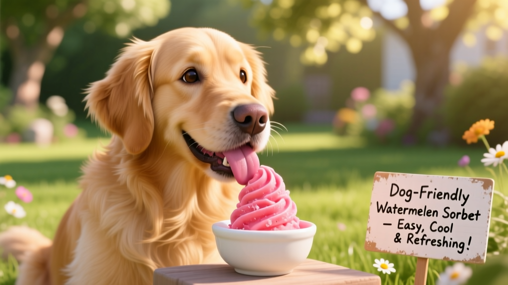 A cheerful golden retriever licking bright pink watermelon sorbet from a small bowl outdoors on a sunny day