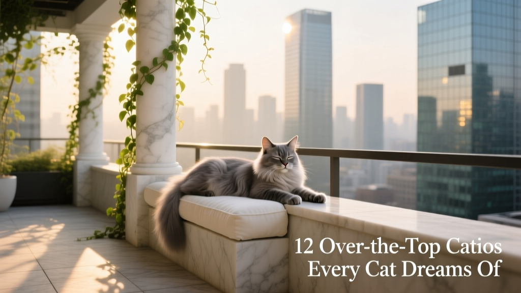 A serene rooftop catio with white columns, climbing vines, and a relaxed cat lounging on a cushioned ledge overlooking a city skyline